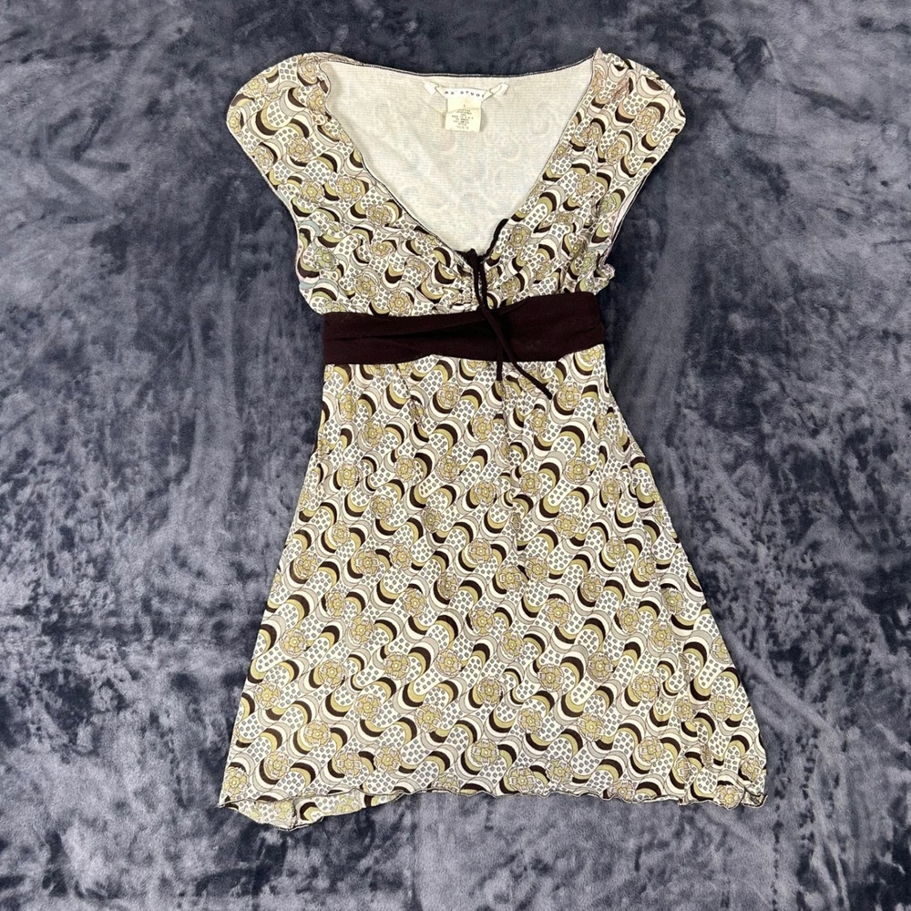 AX Studio Tunic Top Women Small Brown‎ Geometric Floral Empire Waist Cap Sleeve